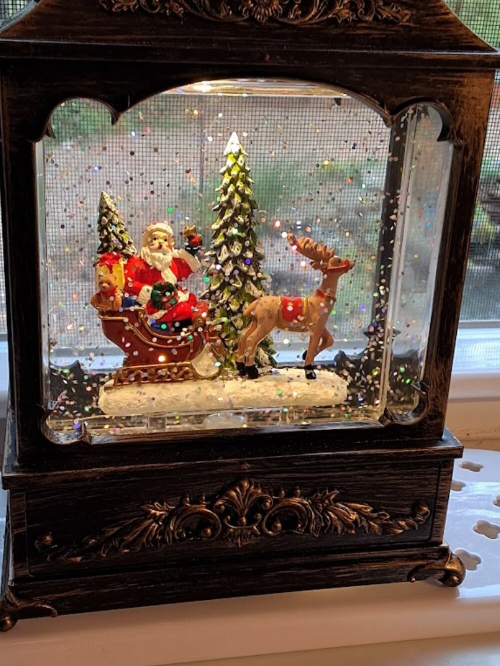 Musical Christmas Snow Globe Lantern with Santa Sleigh & Reindeer, Swirling Glit